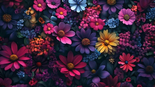 Chromatic Floral Arrangement: Volumetric 3D Flower Composition with Layered Depth.