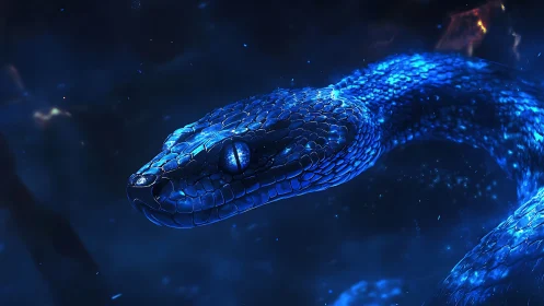 Bioluminescent blue serpent emerging through cosmic void.