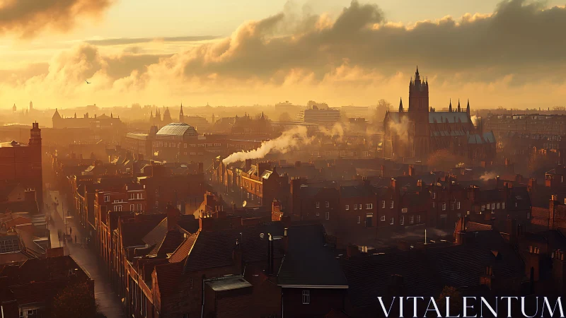 Sunlit industrial city skyline glows through golden morning haze