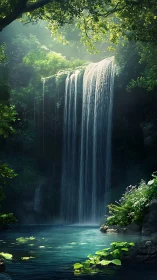 Tall forest waterfall pouring into calm turquoise pool.