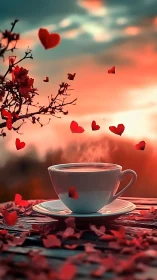 Cup positioned before sunset landscape with heart-shaped elements.