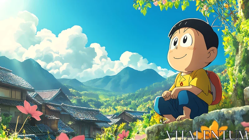 Anime boy observes sunlit mountain village in vivid detail