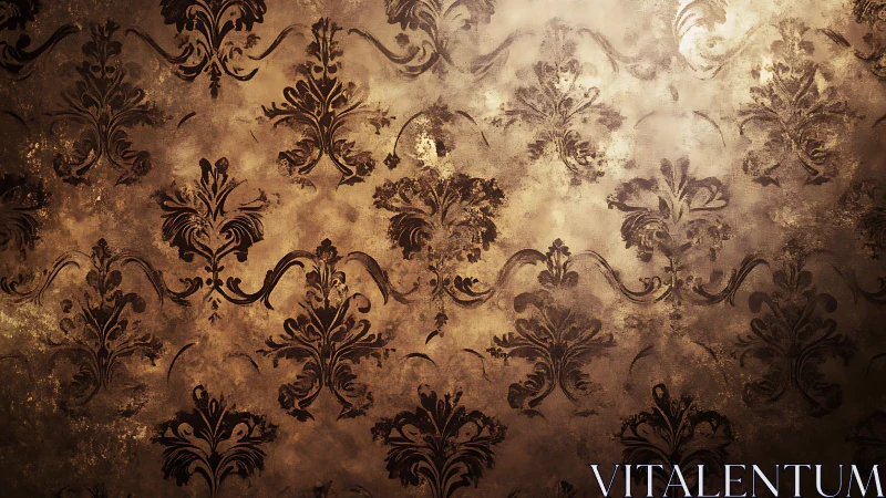Aged baroque damask wallpaper shows distressed ornamental pattern