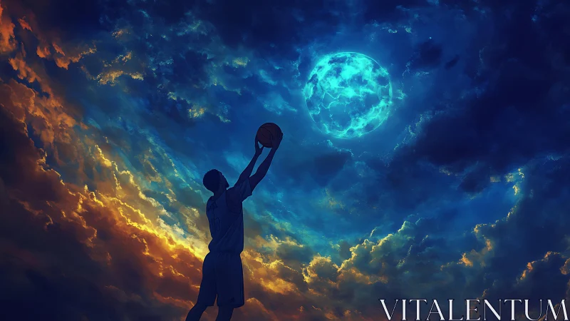 Silhouetted basketball player aligns jump shot with glowing lunar sphere
