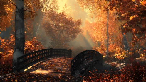 Arched wooden bridge spans a sunlit, fog-laced autumn forest