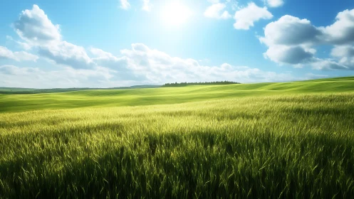 Sunlit green field stretches under bright midday sky