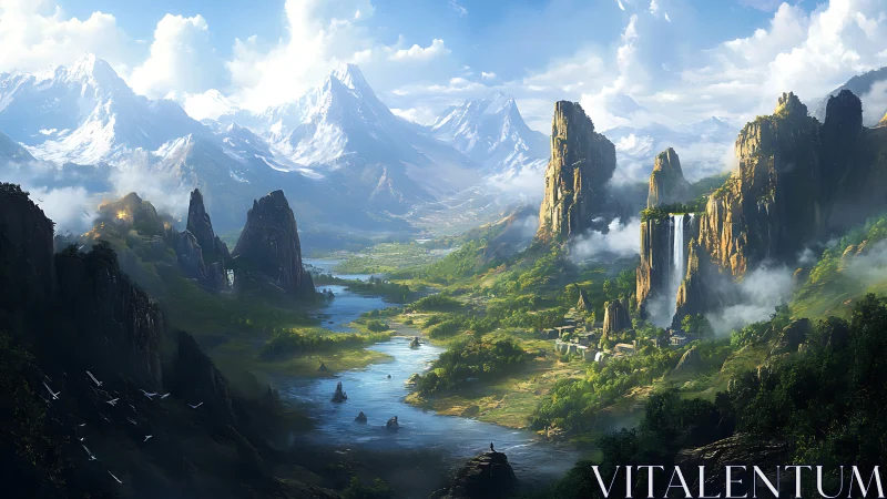 Expansive fantasy valley with rivers, cliffs and peaks.