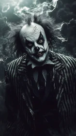 Monochrome striped clown figure in dark atmospheric setting.