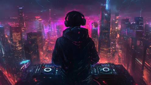 Neon skyline DJ conducting midnight beats above megacity.