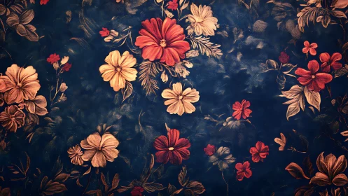 Floral Pattern on Navy Background: Botanical Design.