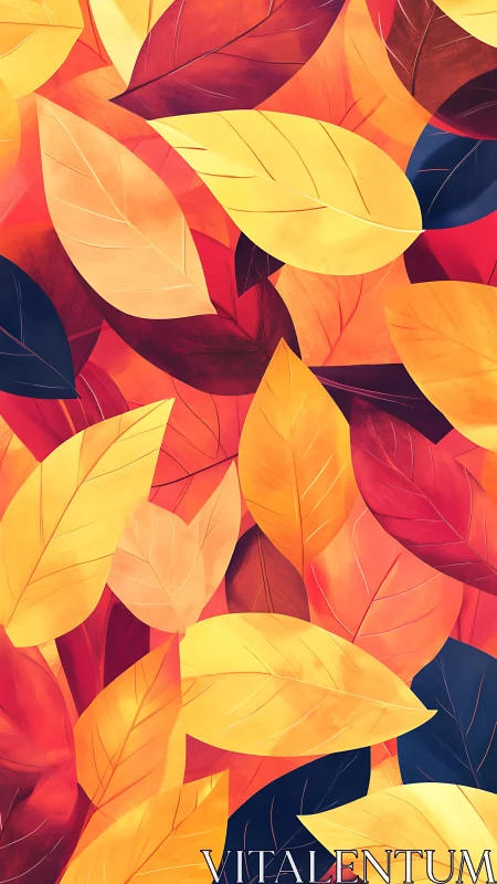 Overlapping stylized autumn leaves in warm color palette.