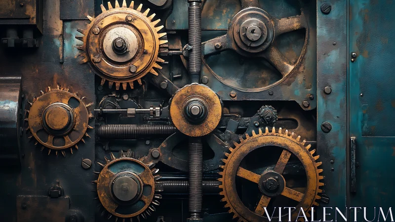 Rust-bronze gear ballet inside a teal industrial heartbeat.