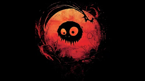Shadow creature over blood-red moon in dark forest night.