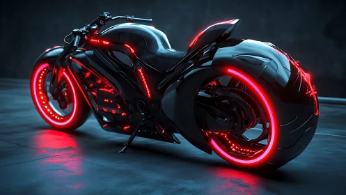 Futuristic black cyberbike with red neon rim lighting detail