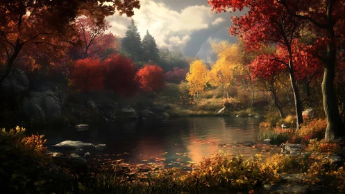 Radiometrically rich autumn basin with volumetric forest light.