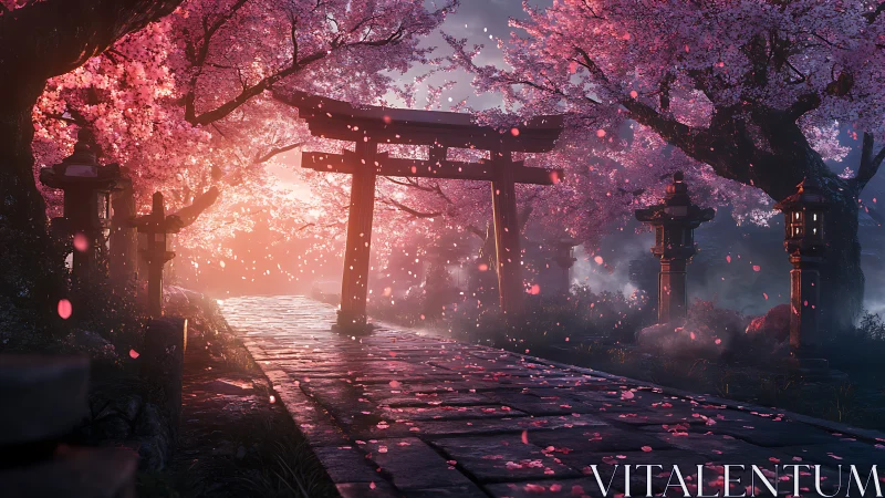 Torii gate stands on stone path under dense cherry blossoms