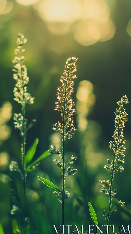 Backlit grass inflorescences capture golden bokeh illumination
