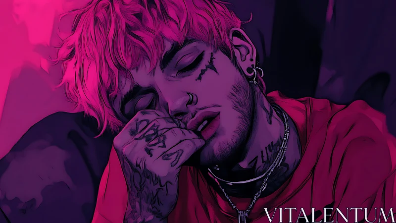 Neon-lit portrait of tattooed youth rendered in digital noir