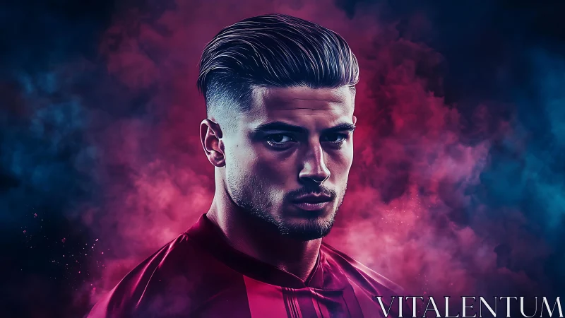 Male portrait in colored smoke with sports jersey focus.