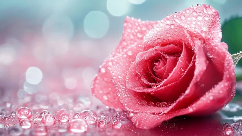 Pink Rose with Dewdrops Under Soft Bokeh Lighting.