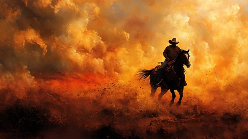 Equestrian silhouette traversing incandescent dust vortex field.