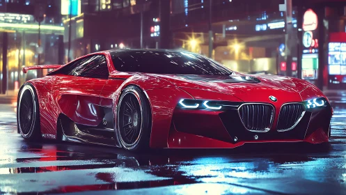 Red BMW concept supercar in neon lit night city street.