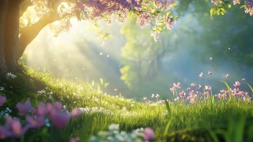 Sunlit blossom meadow under spring forest canopy.