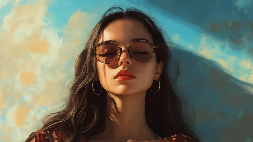 Soft-lit portrait of woman in sunglasses against painterly sky