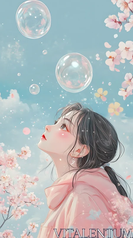 Skyward daydreamer beneath pastel bubbles and blossom clouds.
