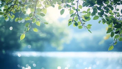 Sunlit Green Leaves Over Calm Water in Soft Focus Nature Style.