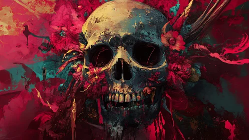 Floral skull emerges from vivid crimson and teal chaos.