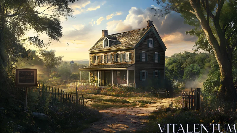 Digital painting of rustic farmhouse in luminous rural garden.