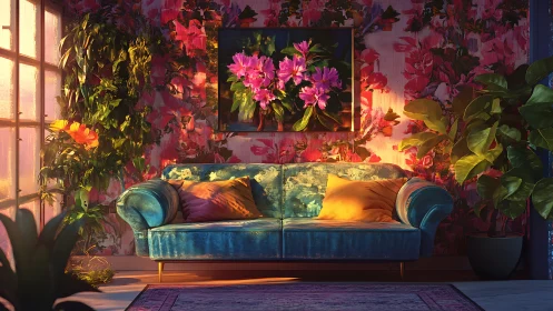 Velvet teal sofa anchors lush floral living room interior