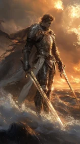 Sunlit sea-warden knight rises with twin blazing blades.