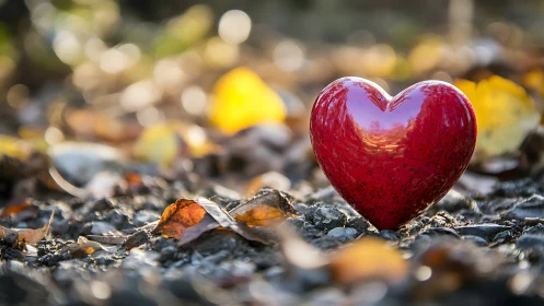 Crimson Heart Resting Among Autumn Debris and Golden Light.