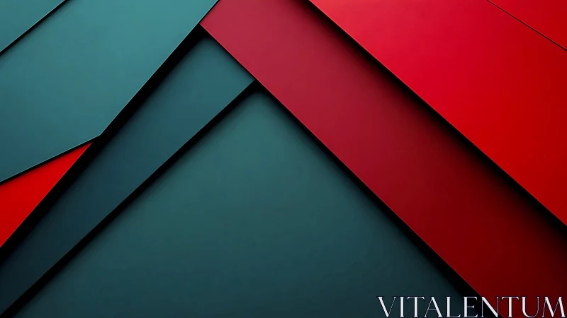 Red and teal overlapping geometric panels in sharp lines.