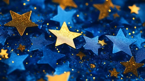 Metallic blue and gold star confetti rendered in macro focus