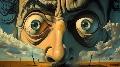 Surreal staring face over desert landscape with clouds.