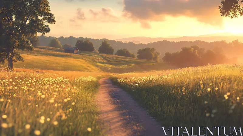 Dirt path crosses sunlit meadow toward distant tree line.