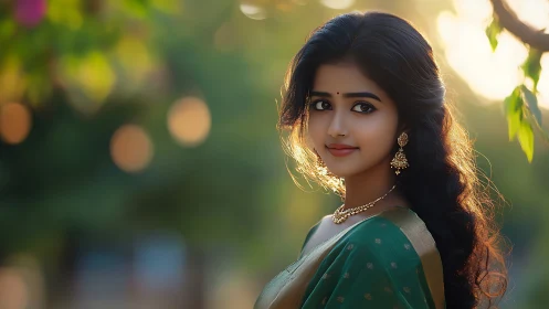 Elegant woman in green sari with gold jewelry, soft natural light.