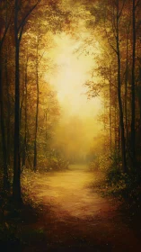 Golden Forest Passage: Luminous Pathway Through Autumn Canopy.