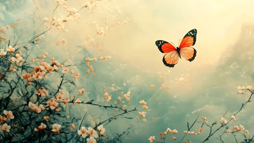 Vibrant Monarch Butterfly Amid Blossoming Branches, Dreamy Art Style.