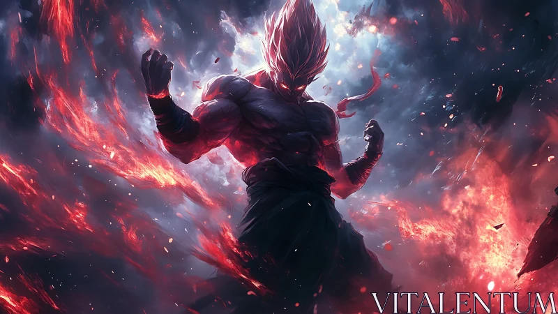 Energy-charged warrior stands amid swirling red plasma