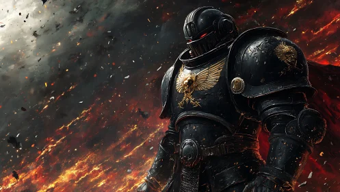 Armored sci fi warrior standing in fiery battlefield storm.