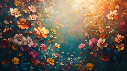 Layered Flower Field with Warm Light Gradient