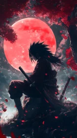 Scarlet moon ronin brooding beneath a storm of petals.