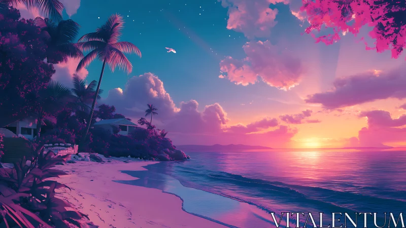 Dreamy tropical shoreline glowing in soft sunset colors.
