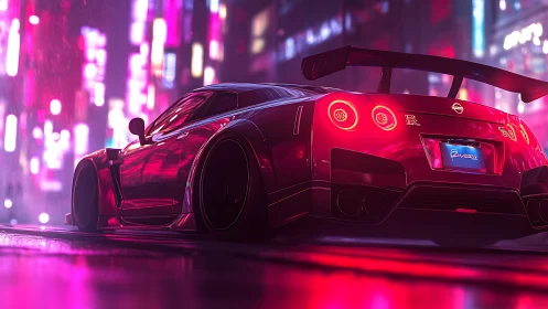 Neon drenched sports car waits ready for a thrilling night run