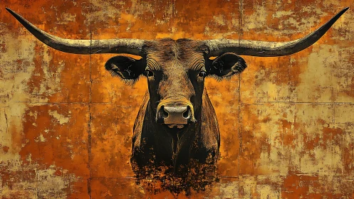 Longhorn bull portrait dominates textured burnt ocher wall