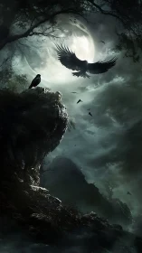 Moonlit ravens carve shadows through a haunted sky.